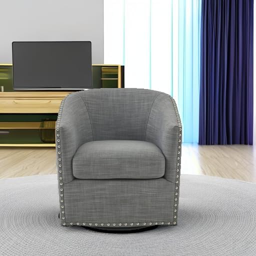 Madison Park Swivel Barrel Accent Chair Upholstered Curved Back with 7-Inch Thick Woven Cushion 360° Swivel Nailhead Trim Comfy Chair for Living Room Bedroom Office 28 Wide Grey Tyler
