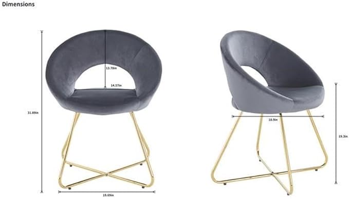 Pemberly Row Modern Velvet Accent Chair Set Gray Upholstery 2-Piece 32 H x 20 W x 19 D Foam Cushion Tall Curved Backrest Gold Metal Base Contemporary Glam Living Room or Den Seating