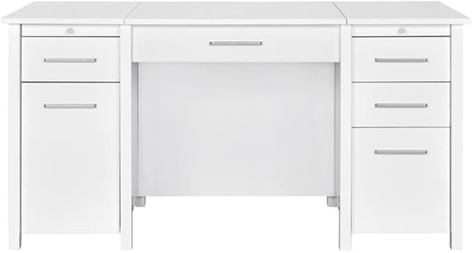 BOWERY HILL Contemporary Wood Lift Top Home Office Desk High Gloss White Finish 60 in Wide MDF and Particle Board Construction 4 Drawers Storage Trays Ergonomic Workspace