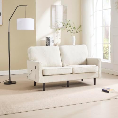 56 W Loveseat Modern 2 Seater Sofa with USB Charging &amp Storage Pocket Small Couch for Living Room Apartment Dorm Office (Beige)