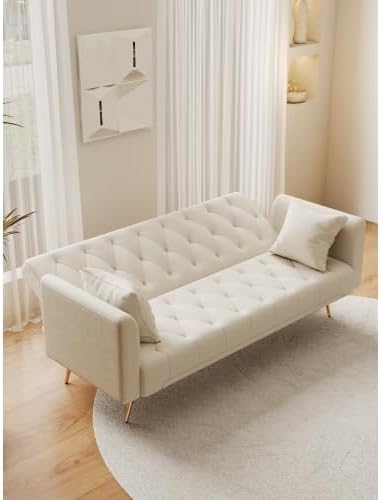 71 Convertible Folding Sleeper Sofa CouchModern Velvet Loveseat Sleeper with 2 Pillows Futon Sofa Bed with Mattress and Frame for Living RoomBedroomSmall Space (Beige)