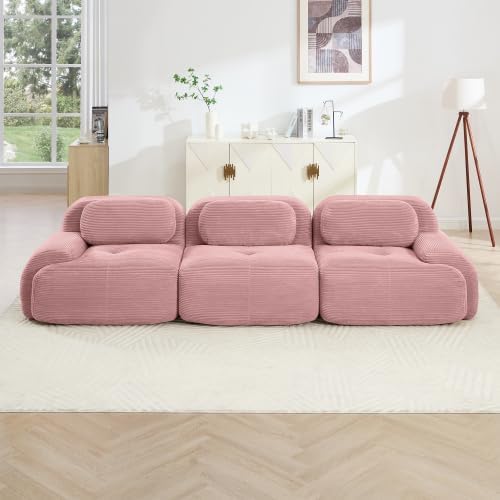 116.1 Modular Sectional Sofa Boneless Cloud Couch 3-Seater Deep Seat Cloud Couch Luxury Corduroy Fabric Sofa for Living Rooms Bedrooms Apartment (Pink 116.1inch)