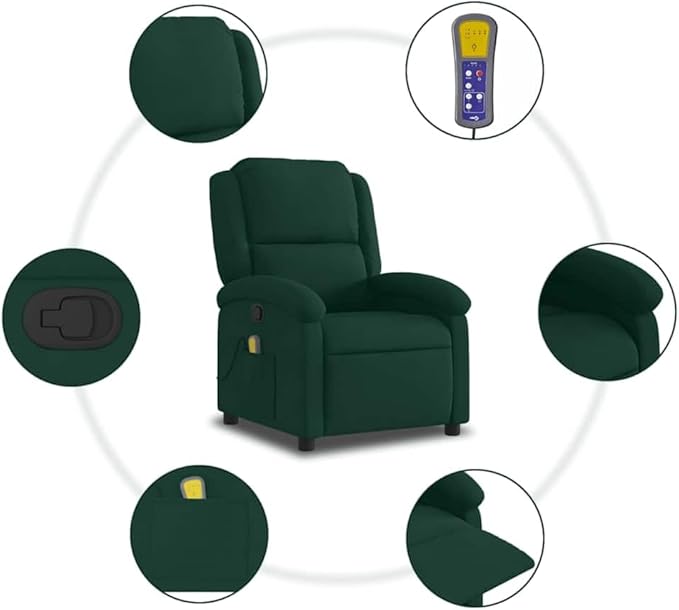 vidaXL Velvet Massage Recliner Lounge Chair - Dark Green Manual Recline USB-Powered Vibration Thick Padding Sturdy Frame