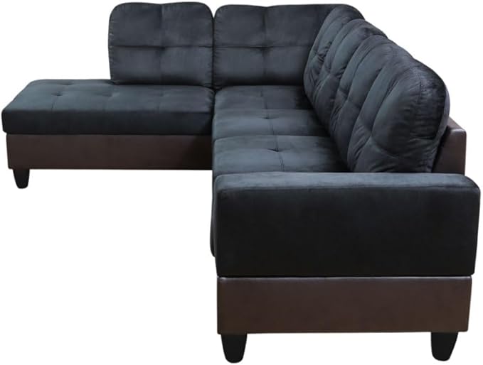L-Shaped 3-Piece Lint and PVC Sofa with Storage Ottoman Set Sectional Couch Sofa Set for Living Room Office Small Space Dark Blue and Brown