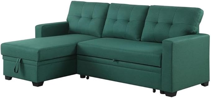 Devion Furniture L-Shaped Polyester Fabric Reversible Easy Convertible Pull-Out Sleeper Sectional Sofa/Storage Chaise with Tufted Back Cushions and Track Arms in Green