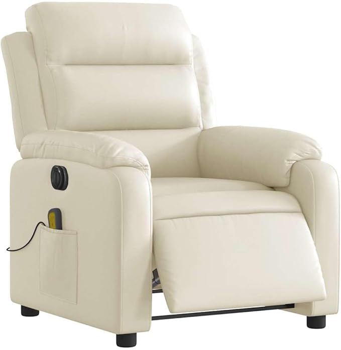 vidaXL Cream Faux Leather Electric Massage Recliner Chair - Vibrating 6-Point Massage Automated Reclining Padded Armchair for Living Room/Lounge