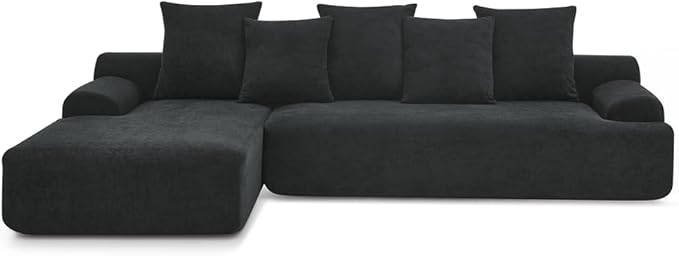 WILLIAMSPACE 110.25 Black Velvet Sectional Sofa Cloud Sponge Couch with Pillows Modular Floor Compressed Upholstered L-Shape Sofa Foam 4 Seater Couch for Living Room No Assembly Left-Facing Black