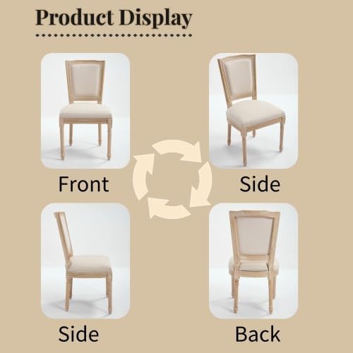 KEIKI Set of 2 Accent Chairs French Country Style Upholstered Chairs with T-Shaped Back &amp Carving Details Solid Wood Framework for Living Room Kitchen Natural