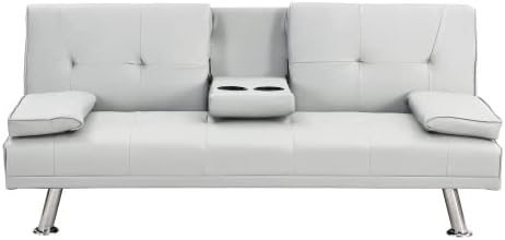 Convertible Folding Futon Sofa Bed Leather Upholstered Modern Couch Loveseat Sleeper Folding Daybed Guest Bed Removable Armrests 2 Cup Holders Metal Legs (White)