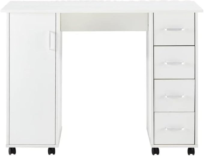 Computer Desk Writing Desk with Lockable WheelsModern Wood Study Desk with 4 Drawers for Home Office Workstation (White)