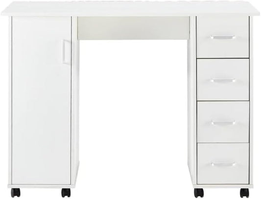 Computer Desk Writing Desk with Lockable WheelsModern Wood Study Desk with 4 Drawers for Home Office Workstation (White)