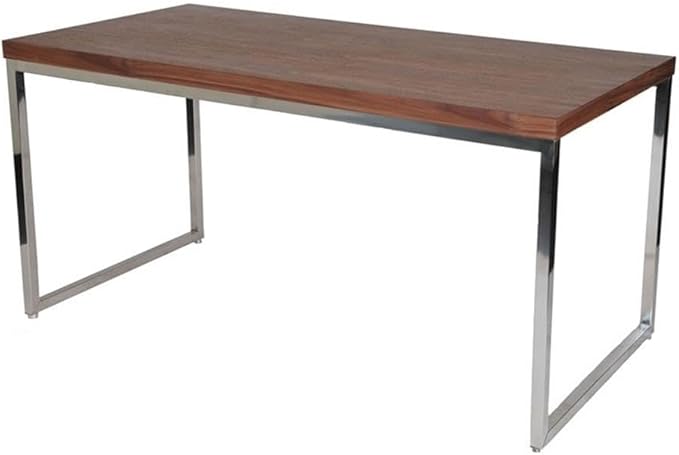 Pemberly Row Modern Writing Desk 59 Rectangular Wood Veneer Top Walnut Finish High Polished Steel Frame 30 Height Stylish Home Office Desk for Work or Study