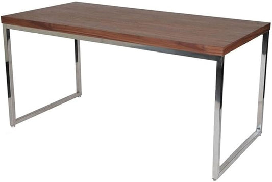 Pemberly Row Modern Writing Desk 59 Rectangular Wood Veneer Top Walnut Finish High Polished Steel Frame 30 Height Stylish Home Office Desk for Work or Study