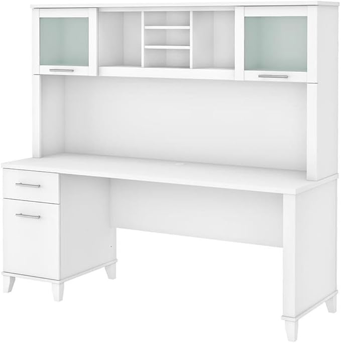 Pemberly Row 72W Office Desk with Drawers and Hutch Engineered Wood White Finish Frosted Glass Doors Wire Management Spacious Home Office Desk and Storage Solution for Computer and Paperwork