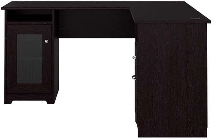 BOWERY HILL L Shaped Engineered Wood Computer Desk 60W x 60D x 30H Espresso Oak Finish Built-in Wire Management Storage Cabinet with Fluted Glass Door File Drawer Home Office Desk