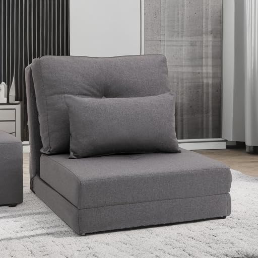 HOMCOM Convertible Flip Chair Floor Lazy Sofa Folding Upholstered Couch Bed with Adjustable Backrest Metal Frame and Pillows for Living Room Bedroom Dark Grey