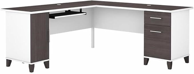 BOWERY HILL 72W L Shaped Desk with Storage Engineered Wood White &amp Storm Gray Finish Wire Management Keyboard Tray File Drawer Adjustable Shelf Home Office or Living Room Use