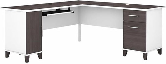 BOWERY HILL 72W L Shaped Desk with Storage Engineered Wood White &amp Storm Gray Finish Wire Management Keyboard Tray File Drawer Adjustable Shelf Home Office or Living Room Use