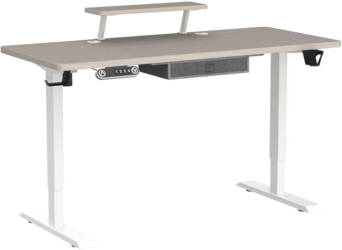 Electric Standing Desk with Drawer 55x30 Inches Height Adjustable Sit Stand Up Desk with Storage Shelf Home Office Desk Computer Workstation with White Pearwood Top/White Frame