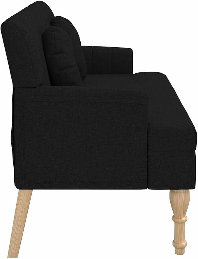 vidaXL 44 W Small Loveseat with Round Pillows Fabric Sofa with Armrests &amp Wooden Feet Modern 2 Seater Couch for Small Spaces Ideal for Living Room &amp Bedroom Black