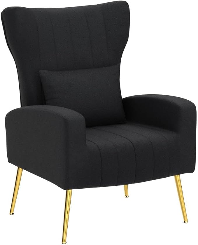 Velvet Accent Arm Chairs Set of 2 with Wingback &amp Lumbar Pillow Modern Armchairs for Living Room Bedroom Guest Reception Side Chairs for Office Gold Finish Black