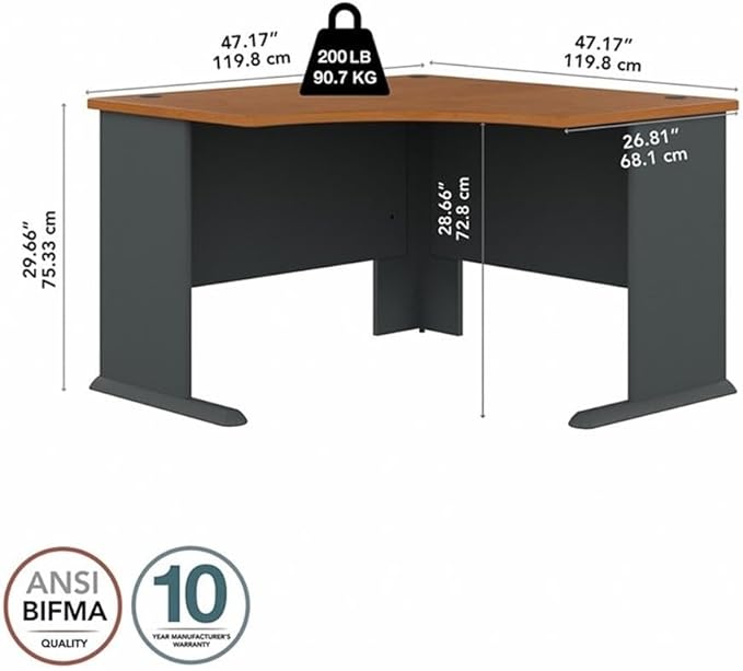 BOWERY HILL 48 Corner Desk Engineered Wood with Thermally Fused Laminate Natural Cherry and Gray Finish Curved Work Area with Wire Management Adjustable Feet Transitional Design for Home Office