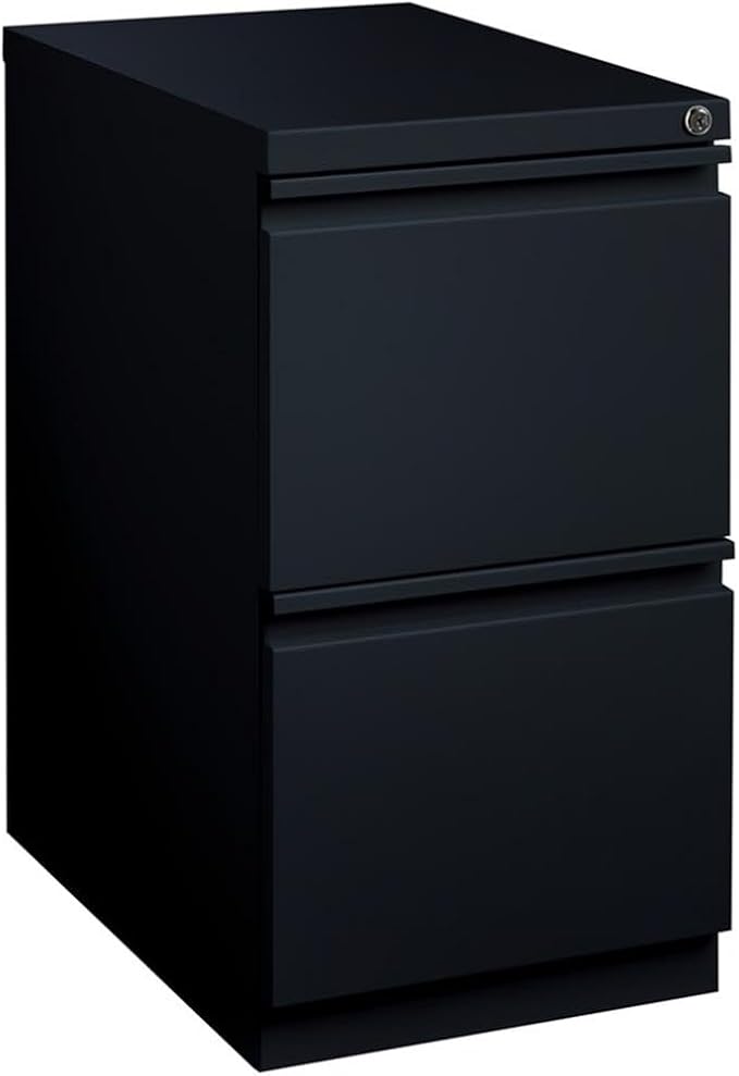 Pemberly Row Mobile Pedestal Filing Cabinet 27.75 H x 15 W x 22.88 D Metal Construction Black Finish 2 File Drawers Ball-Bearing Suspension Hidden Casters Secure Lock for Office Storage
