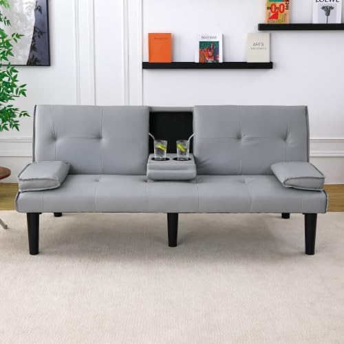 Futon Sofa Bed Modern Folding Couch for Small Space Linen Convertible Loveseat Sleeper Bed Daybed Recliner Lounge Sofas for Living Room2 Cup HoldersMetal LegsRemovable Armrests (Light Gray)