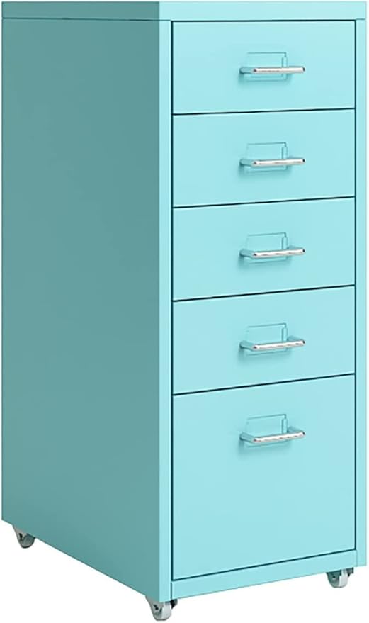 5-Drawer File Cabinet Metal Mobile File Cabinet with Wheels Filing Cabinet Under Desk for Home/Office (Color:Lake Blue)