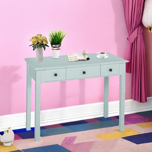 STHOUYN Home Office Small Writing Desk with Drawers Bedroom Study Table for Adults/Student Vanity Makeup Dressing Table Save Space Gifts Green (Light Green)