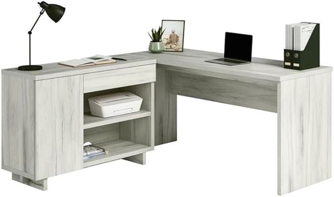 Pemberly Row Engineered Wood Desk with Credenza 30 H x 60 W x 65.98 D Haze Acacia/Natural Finish Adjustable Storage Shelves Drawer Cord Management L-Shaped Home Office Desk
