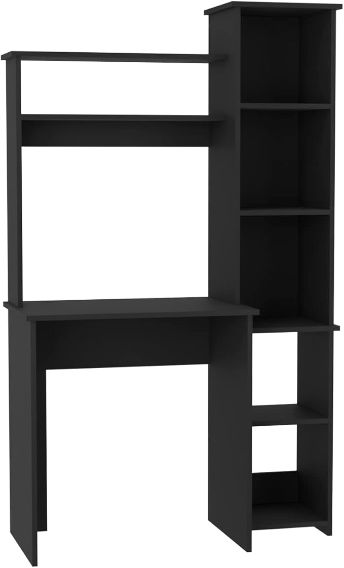 Black Writing Desk with 2 Shelves &amp 5 Cubbies - Compact Home Office Computer Desk