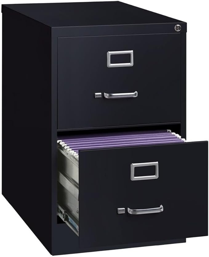 Pemberly Row Metal 2-Drawer Legal Width Vertical Filing Cabinet 26.5 D Black Finish Commercial Grade Steel Construction Ball-Bearing Drawer Slides Lock Included Office Storage Organization