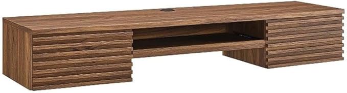 Pemberly Row Wall Mount Office Desk 60 in Wide Particleboard and Wood Walnut Finish Pull-Out Keyboard Tray Cable Management Full-Extension Glide Drawers Mid-Century Style for Home Office or