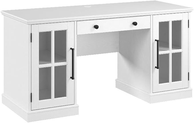 BOWERY HILL 60W Computer Desk Engineered Wood White Finish Keyboard Tray Storage Cabinets with Adjustable Shelves Farmhouse Style Home Office Desk with Matte Black Handles Durable Design for
