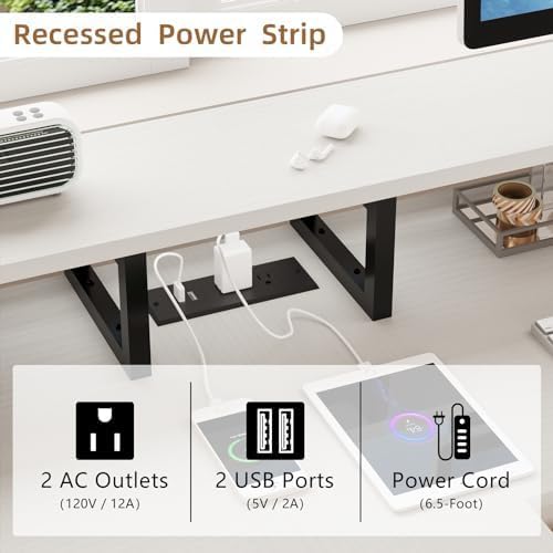 Mexin Double Desk for Two People - 83.7 Inch 2 Person Desk with Storage Shelves and Power Outlets Home Office Desk with Monitor Stand Long Gaming Desk Large Workstation White