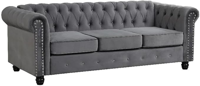 Chesterfield Button Tufted Velvet Fabric Livingroom Sofa-Gray