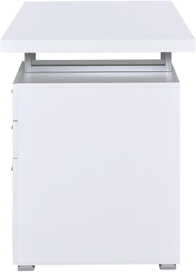 CARTESIAN Modern Reversible Computer Desk with 3 Drawers 47.25W x 23.5D x 30H inches White and Silver Metal Frame File Cabinet Storage