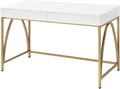 Pemberly Row Lightmane Wooden Top Writing Desk 50 W x 30 D x 31 H White High Gloss Finish with Gold Metal Legs 2 Storage Drawers Rectangular Computer Desk for Home Office