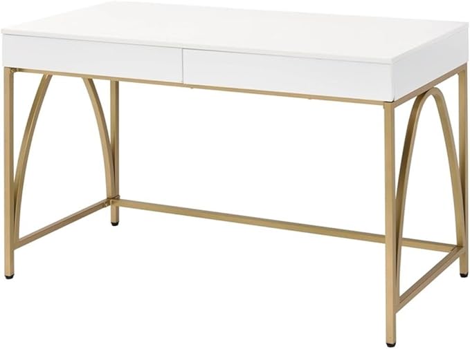 Pemberly Row Lightmane Wooden Top Writing Desk 50 W x 30 D x 31 H White High Gloss Finish with Gold Metal Legs 2 Storage Drawers Rectangular Computer Desk for Home Office