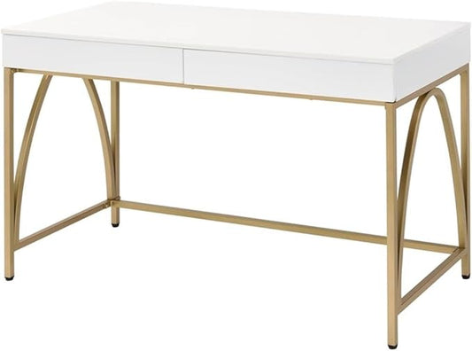 Pemberly Row Lightmane Wooden Top Writing Desk 50 W x 30 D x 31 H White High Gloss Finish with Gold Metal Legs 2 Storage Drawers Rectangular Computer Desk for Home Office