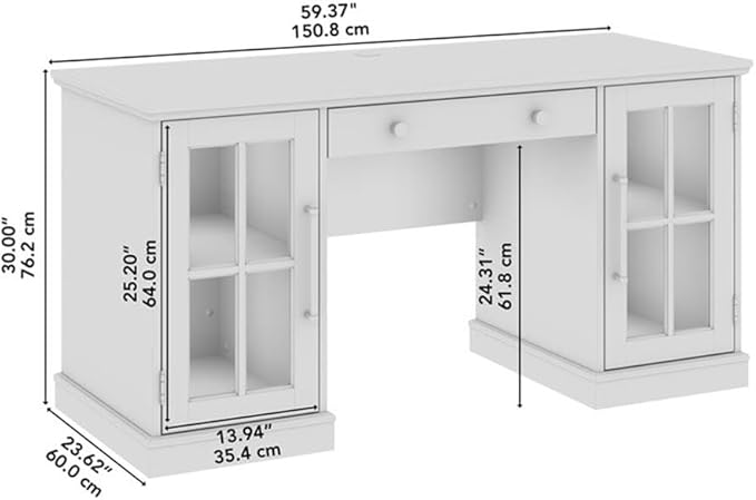 Bush Home Westbrook 60W Computer Desk with Storage and Keyboard Tray in White Ash | Farmhouse Desk for Home Office Workspace