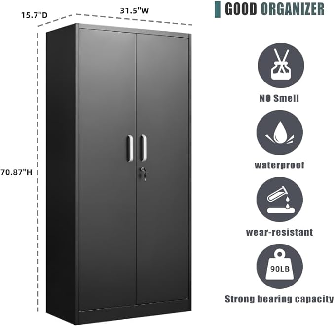 Metal Storage Cabinet with Adjustable Shelves Garage Cabinet with 2 Lockable Doors Garage Storage Cabinet Kitchen Pantry Cabinet - 71'H Black