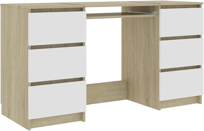 Modern Writing Computer Desk with 6 Drawers Home Office Desk Writing Study Table PC Desk Workstation for Bedroom White and Sonoma Oak 55.1x19.7x30.3 Engineered Wood(D)