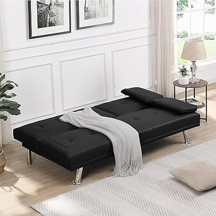 Convertible Futon Sofa BedPU Leather Modern Couch Loveseat Sleeper Folding Daybed Guest Bed Removable Armrests 2 Cup Holders Metal Legs (Black)