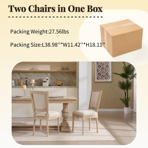KEIKI Set of 2 Accent Chairs French Country Style Upholstered Chairs with T-Shaped Back &amp Carving Details Solid Wood Framework for Living Room Kitchen Natural