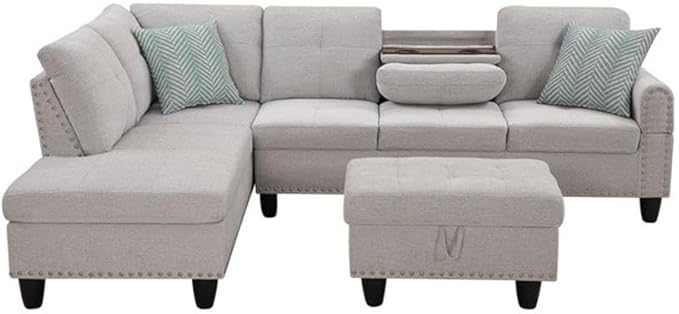 Devion Furniture Polyester Fabric Sectional Sofa with Lift-top Storage Ottoman Tufted Design in Light Gray Finish