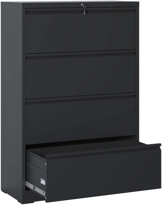 Lateral File Cabinet with Lock – Heavy-Duty Metal Filing Cabinet for Home Office Space-Saving Wide Storage for Letter/Legal/A4/F4 Silent Full-Extension Slides Easy-Assembly (Black + Classic)