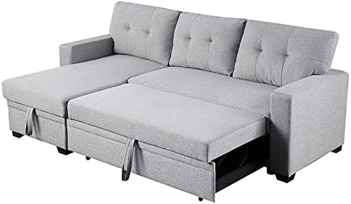 Devion Furniture L-Shaped Polyester Fabric Reversible Easy Convertible Pull-Out Sleeper Sectional Sofa/Storage Chaise with Tufted Back Cushions and Track Arms in Light Gray