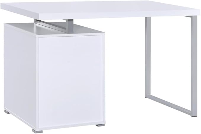 CARTESIAN Modern Reversible Computer Desk with 3 Drawers 47.25W x 23.5D x 30H inches White and Silver Metal Frame File Cabinet Storage